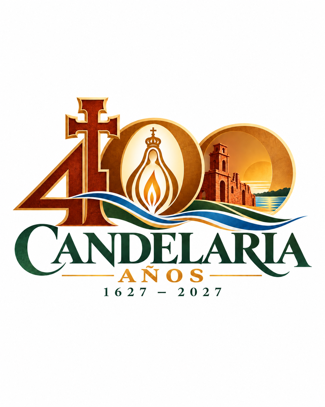 Logotipo Candelaria 400 años, 1627–2027, con referencias a la cruz, Nuestra Señora de la Candelaria, las reducciones, el río Paraná y la naturaleza misionera
